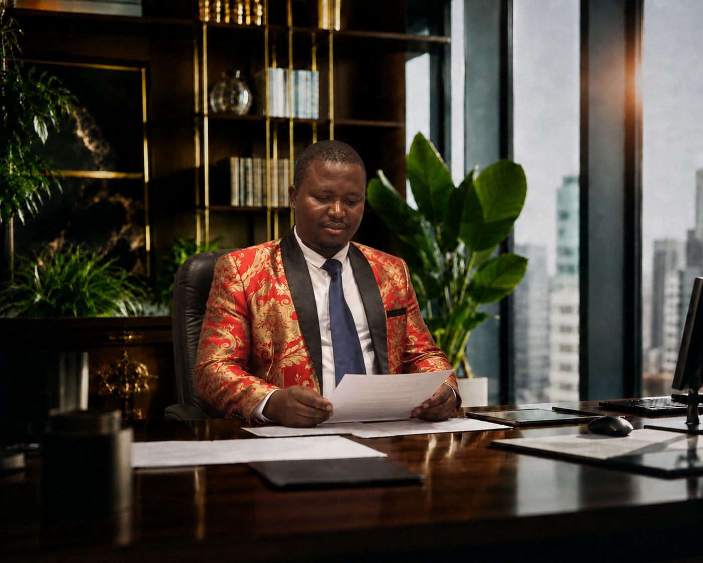 Emmanuel Eseosa of Greenland Leadership reviewing documents in an executive office